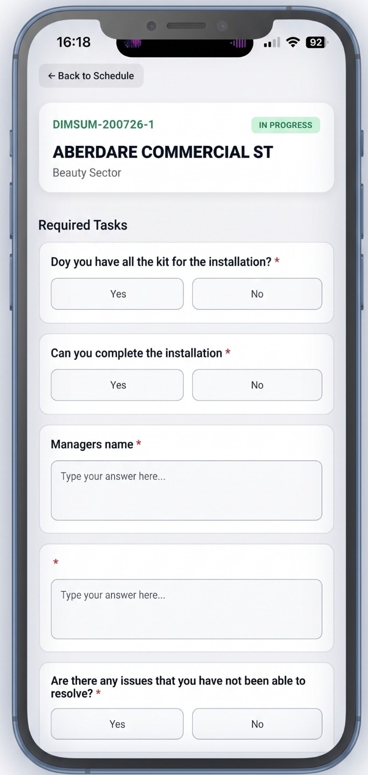 HC38PM mobile app showing a field visit task form on an iPhone